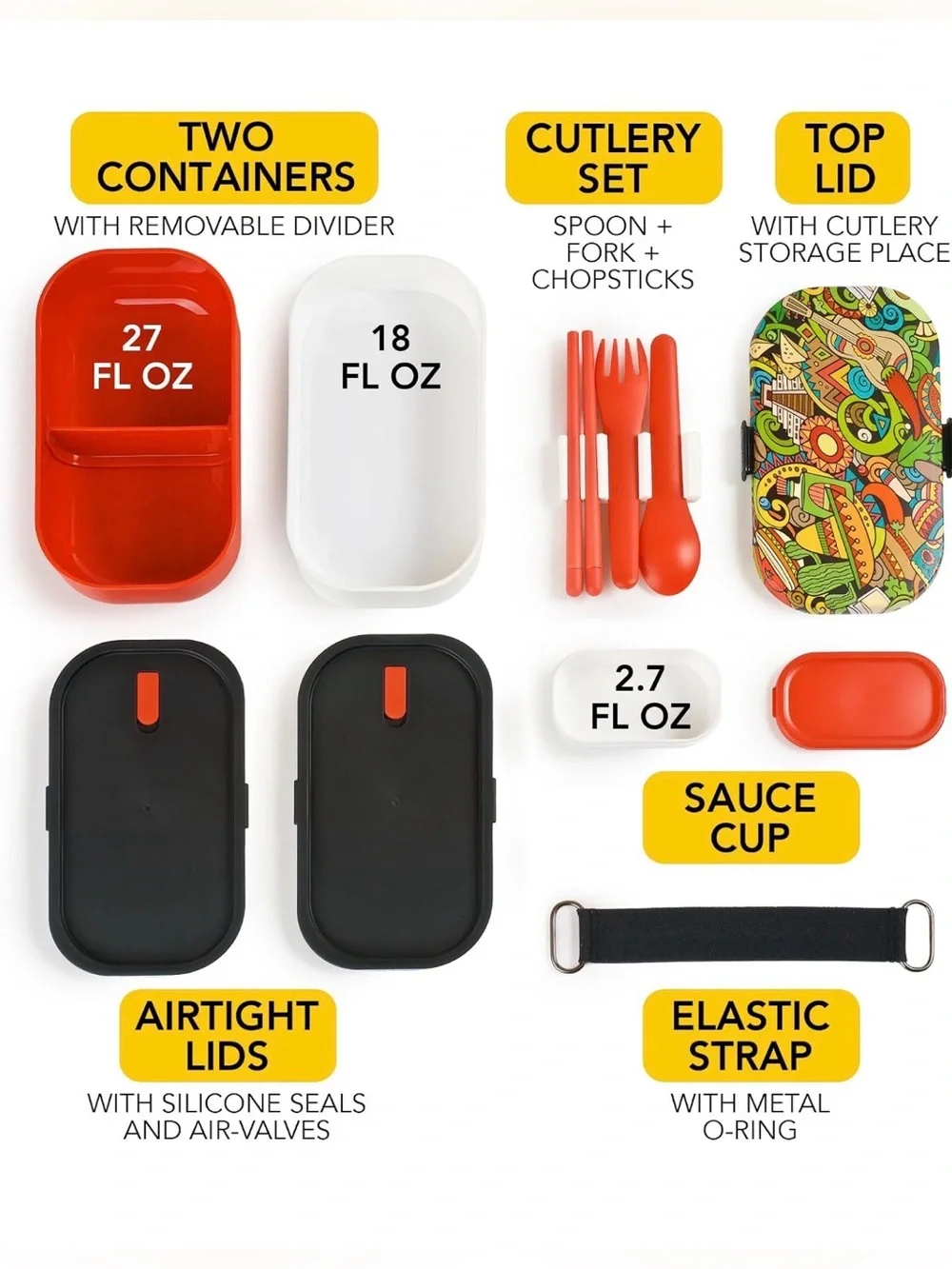 Bento Box Lunch Container with Compartments, Microwave & Dishwasher Safe